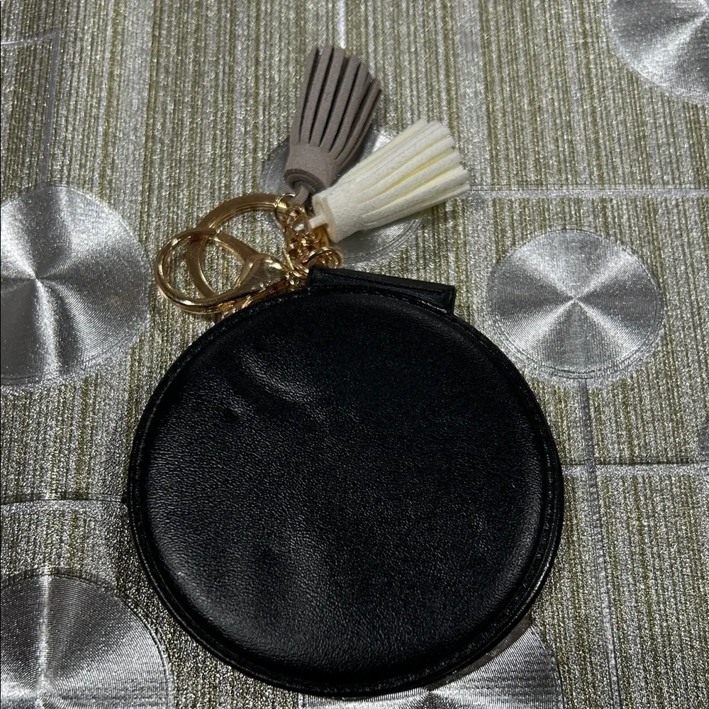 Black and‎ Gold Compact Mirror Keychain with Charm Embellishments.